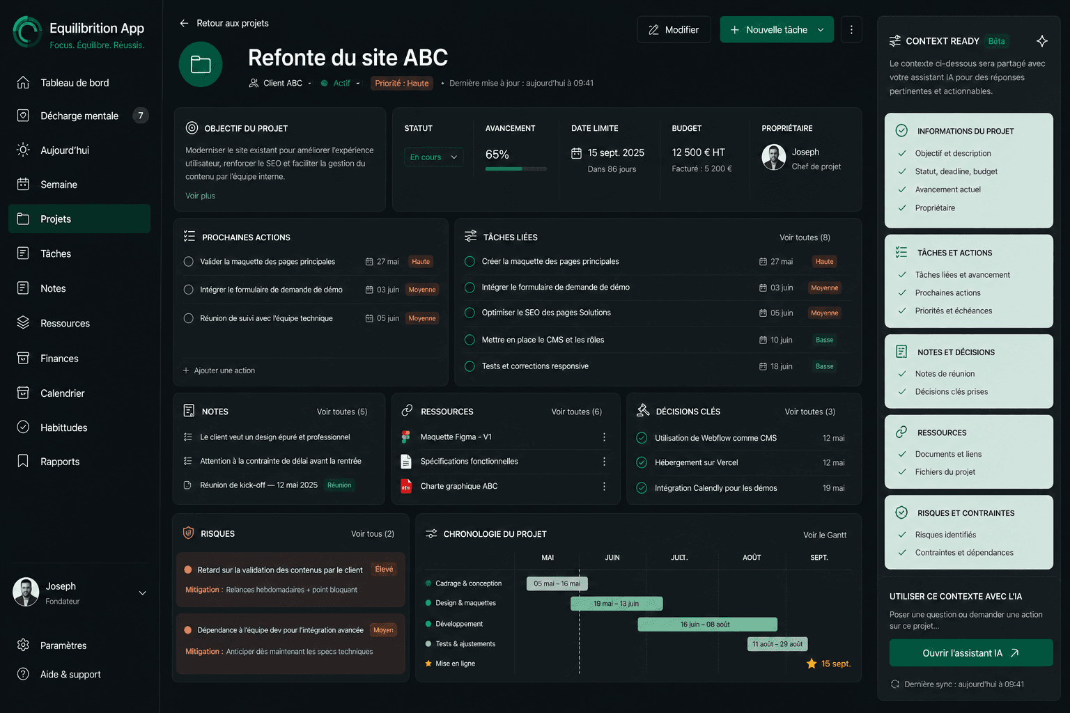 Page projet Equilibrition avec tâches, notes et ressources liées