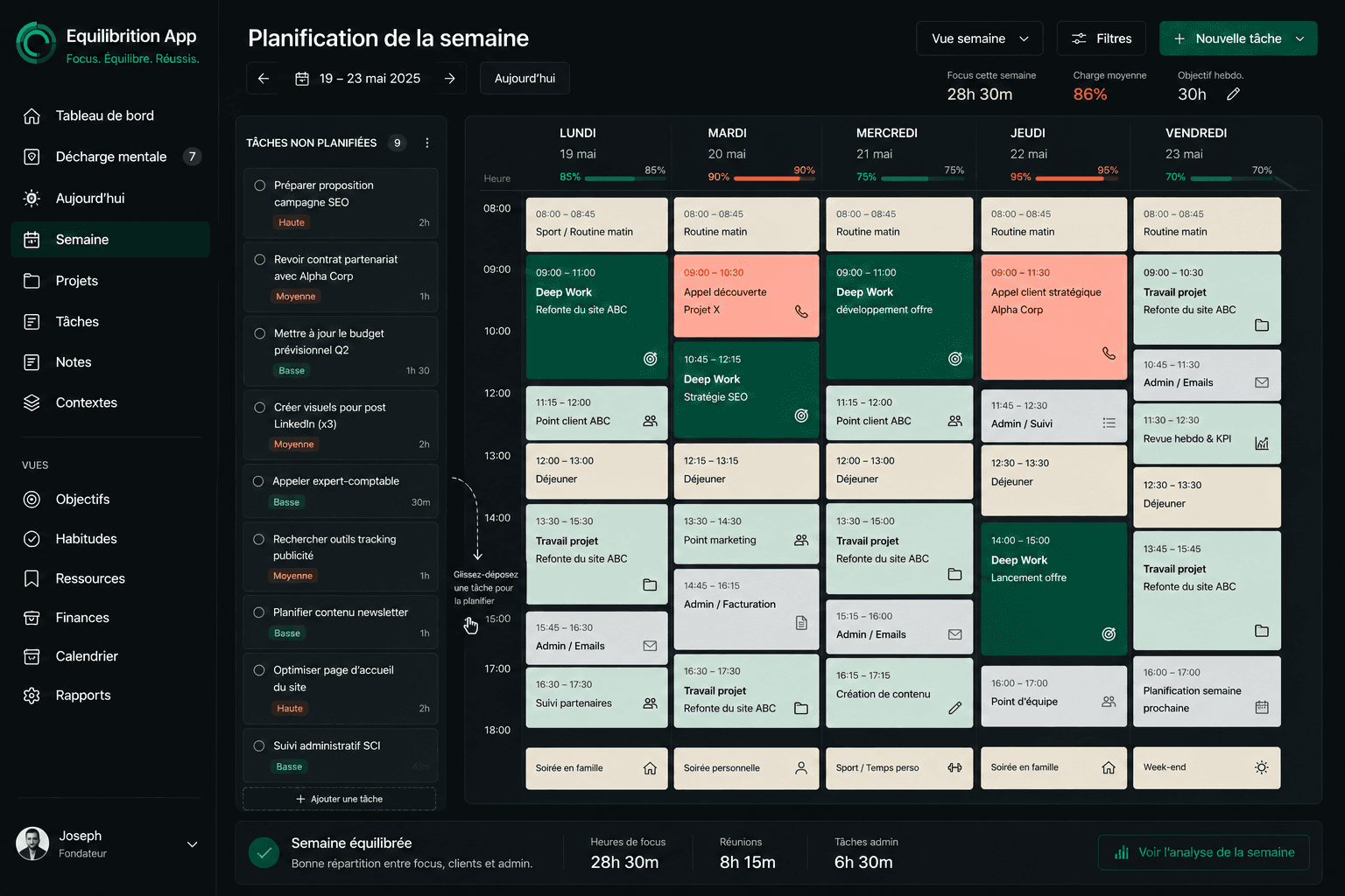 Planning semaine Equilibrition avec tâches organisées en blocs de temps